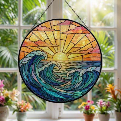 7.8"H Sunset Waves Stained Glass Window Panel