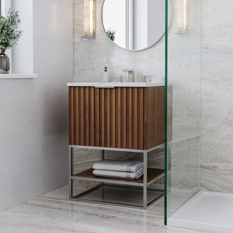 Terra 24'' Single Bathroom Vanity with Top, Brushed Nickel, Calacatta Quartz/Widespread Faucet Mount