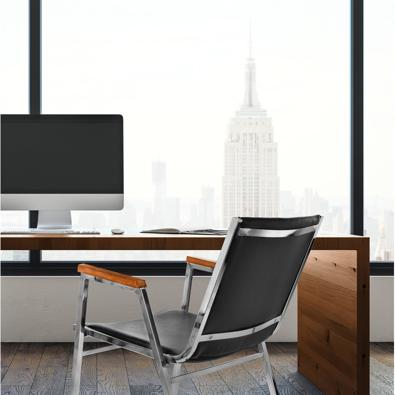Black Vinyl and Metal Stackable Office Chair with Walnut Armrests