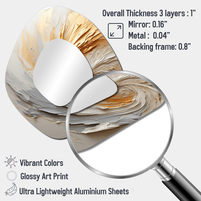 Remigio Abstract gold and white paint spiral  I - Abstract Spirals Asymmetrical Unique Wall Mirror, Modern Irregular Shape Mirror, Printed Metal Art