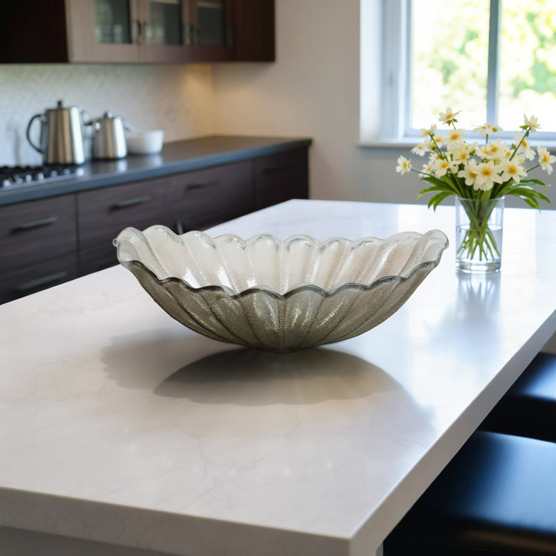 Bol décoratif décoratif festonné en verre nervuré pour la décoration de la table - Bol décoratif moderne avec design ovale texturé pour la cuisine - 26 po, gris