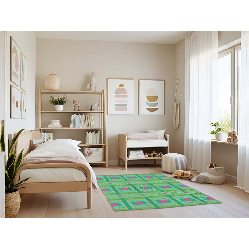 Tapis vert/rose à motifs Benesh, Rectangle 3 pi x 5 pi
