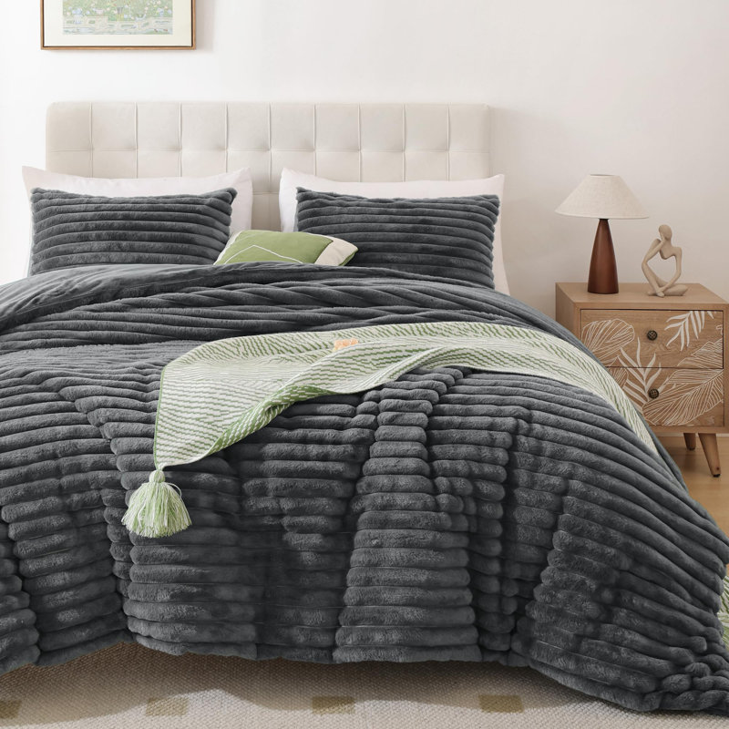 Fluffy Comforter Set 3 Pieces- All Seasons Heavy Faux Fur Comforter With Two Pillowcases, Dark Grey
