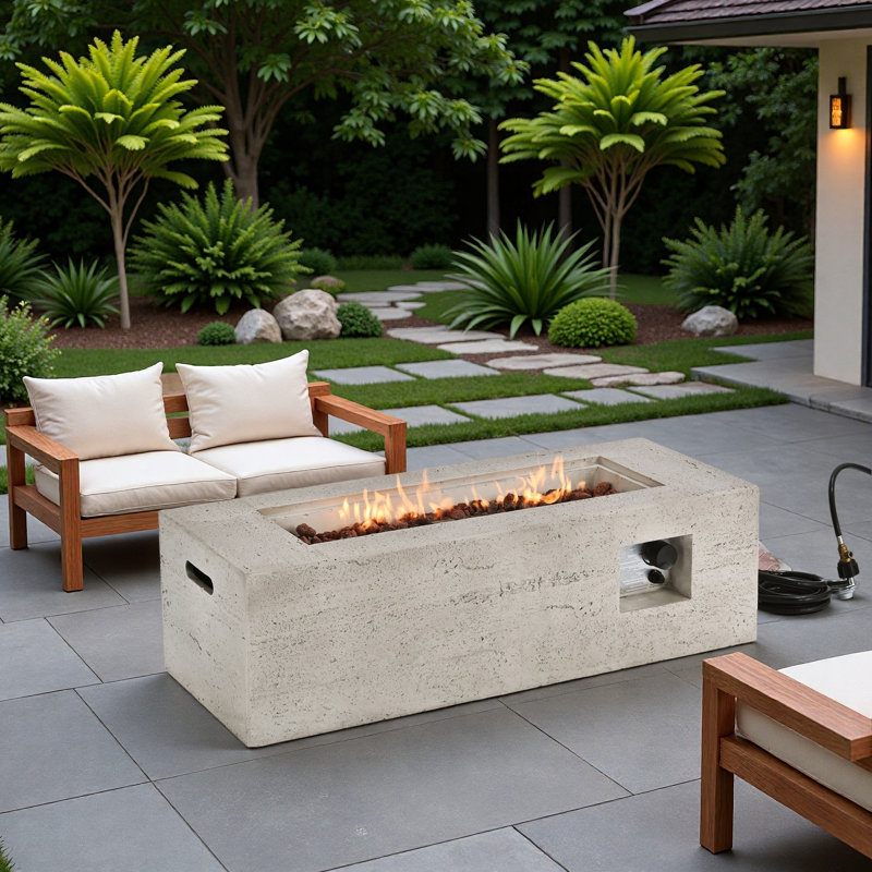 Mgo Propane Outdoor Rectangular Fire Pit With Side Cutout Handles, Steel Burner, Adjustable Flame Control, Lava Rocks And Rain Cover