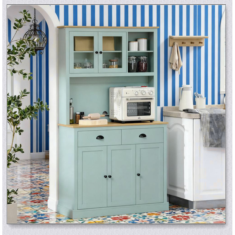 Buffet de cuisine autoportant avec huche, tiroirs, portes en verre et tablettes réglables Pantry