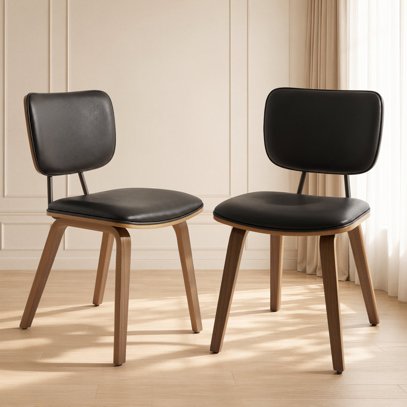 18.9" H Mid-Century Modern Dining Chair with Padded Seat Cushion & Curved Backrest, Upholstered Side Chair Set of 2, 2, Black