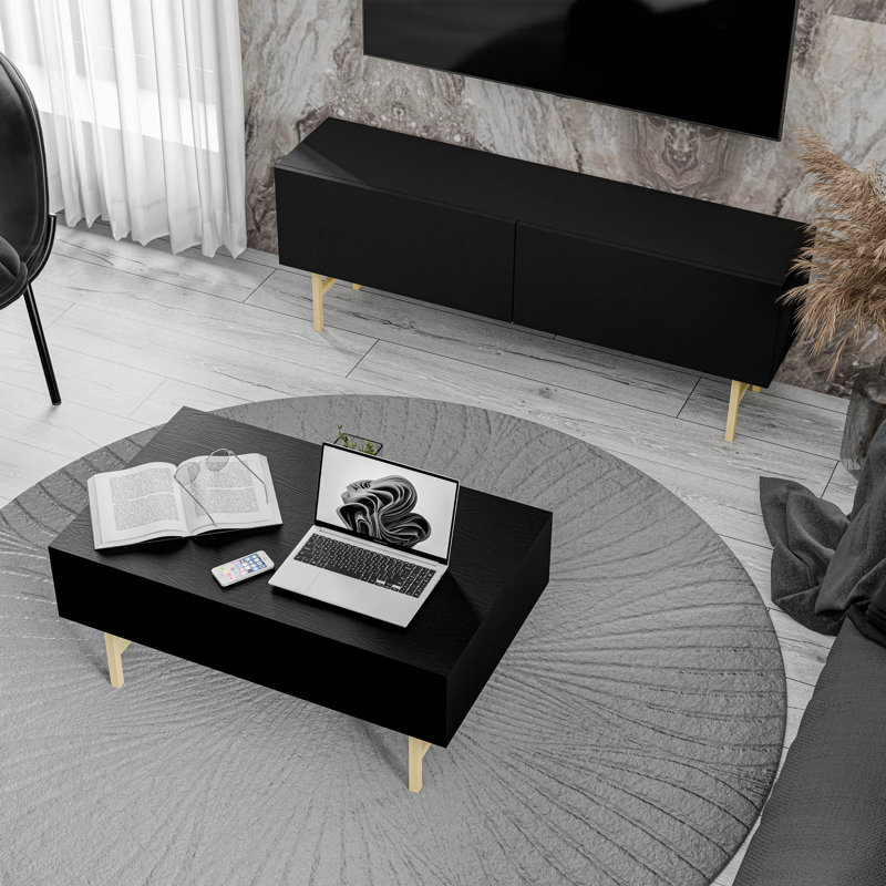 Ensemble de meubles de salon moderne, finition noire | Meuble télé (54,3 x 19,7 x 11,6 pouces) et table basse (35,4 x 21,3 x 15,6 pouces) | Panneau de particules 100% mélaminé, fixation murale, tablettes multiples pour le rangement et la présentation