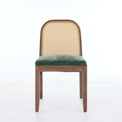 Set of 2 Mid Century Farmhouse Side Chairs with Curved Cane Back and Chenille Cushion, Distressed Wood Frame, Ideal for Kitchen and Dining（Only Chair）