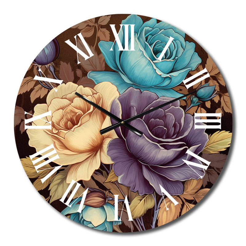 Horloge murale rétro avec fleurs roses, bleues et blanches, Moyenne