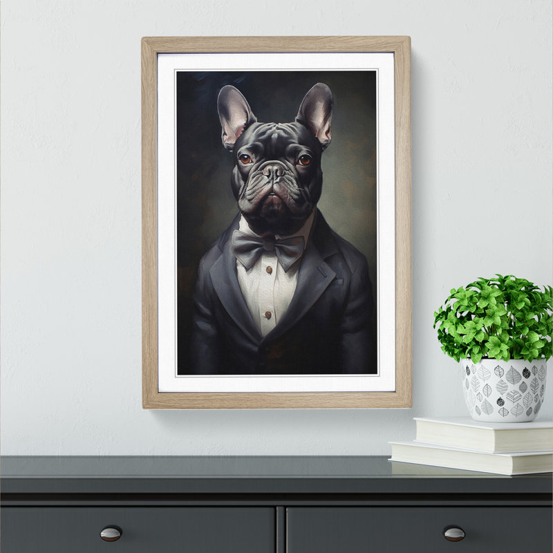French Bulldog In A Suit No.2 - Single Picture Frame Print on Wood, 34cm H x 25cm W, Oak Framed