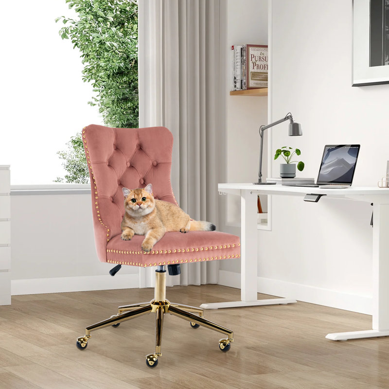 Chaise de bureau en velours et capitonnée, Rose
