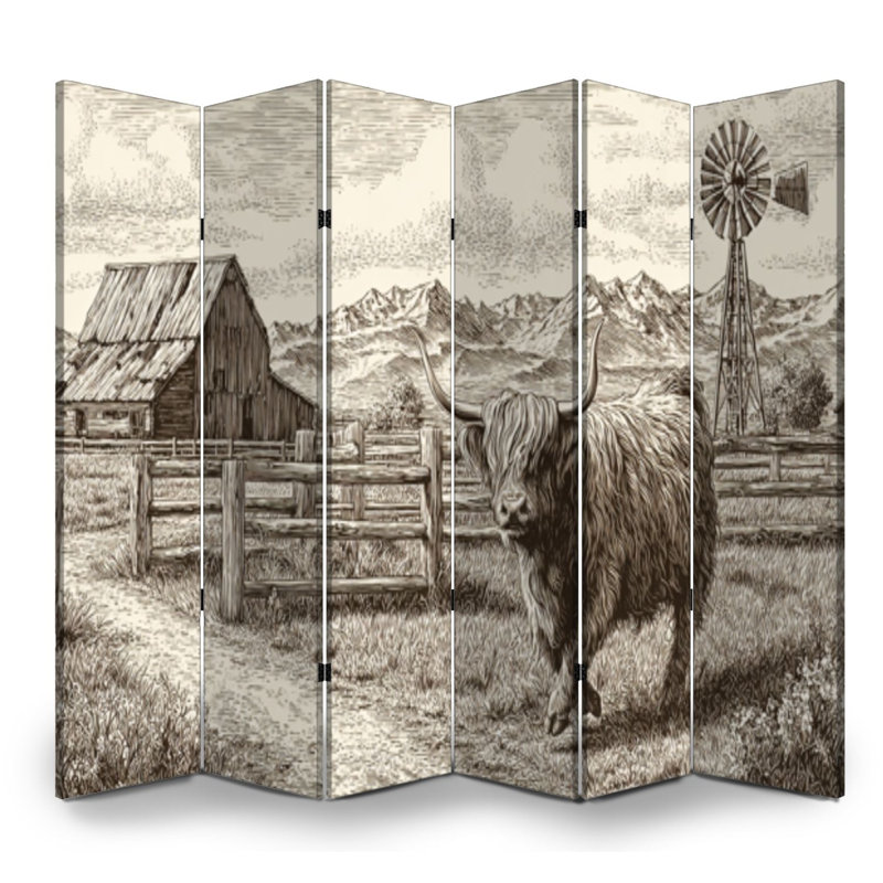 Paravent rustique à 6 panneaux paravent Royal Nostalgic, campagne, vache, grange, moulin, sépia, œuvre d'art rustique, toile, écran, séparateur de pièce
