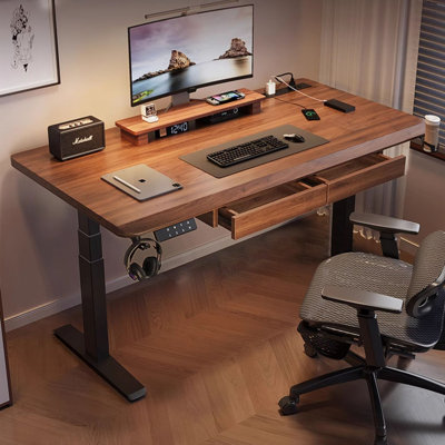 Black Walnut Color + Black Rectangular Hight adjustable Solid Wood + Carbon Steel with 2 drawers desk