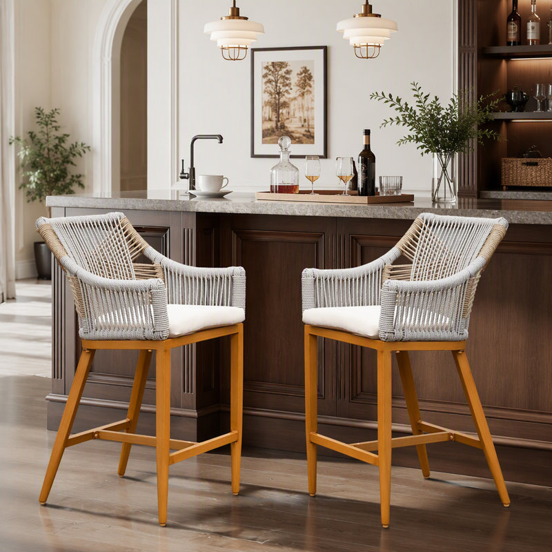 Ensemble de 2 tabourets de bar, chaises de bar d'extérieur à hauteur de comptoir avec accoudoirs et dossier, aluminium