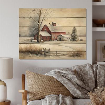 Ladue Ladue Calm Red Barn In Winter IV - reproduction sur bois sans cadre