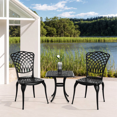 Mobilier de patio en aluminium coulé noir 3 pièces - 2 chaises et 1 table de conception classique pour l'extérieur, le jardin, le patio, le balcon, le processus d'assemblage facile 3 et le style rond, à construire