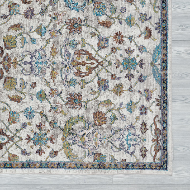 Tapis floral gris / bleu Gleaves, Rectangle 8 pi 9 po x 11 pi 9 po