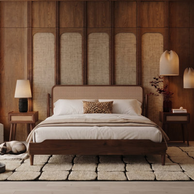 Ariston King Platform Bed with Handwoven Natural Rattan Headboard – Walnut Veneer, Solid American Walnut Legs, Relaxed Luxury Design, Silent Slats, Effortless Assembly, King – Dark Walnut