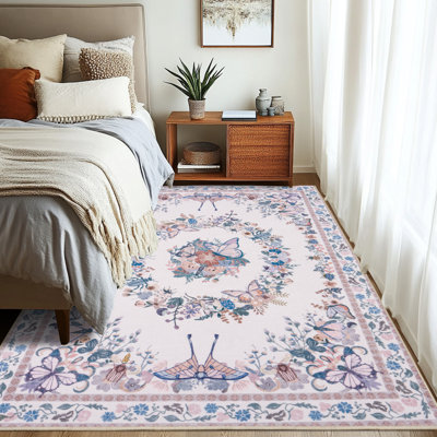 Tapis papillon 4 x 6 pi pour salon, tapis à poils courts avec envers en caoutchouc lavable et antidérapant grand tapis moderne pour chambre à coucher, rose