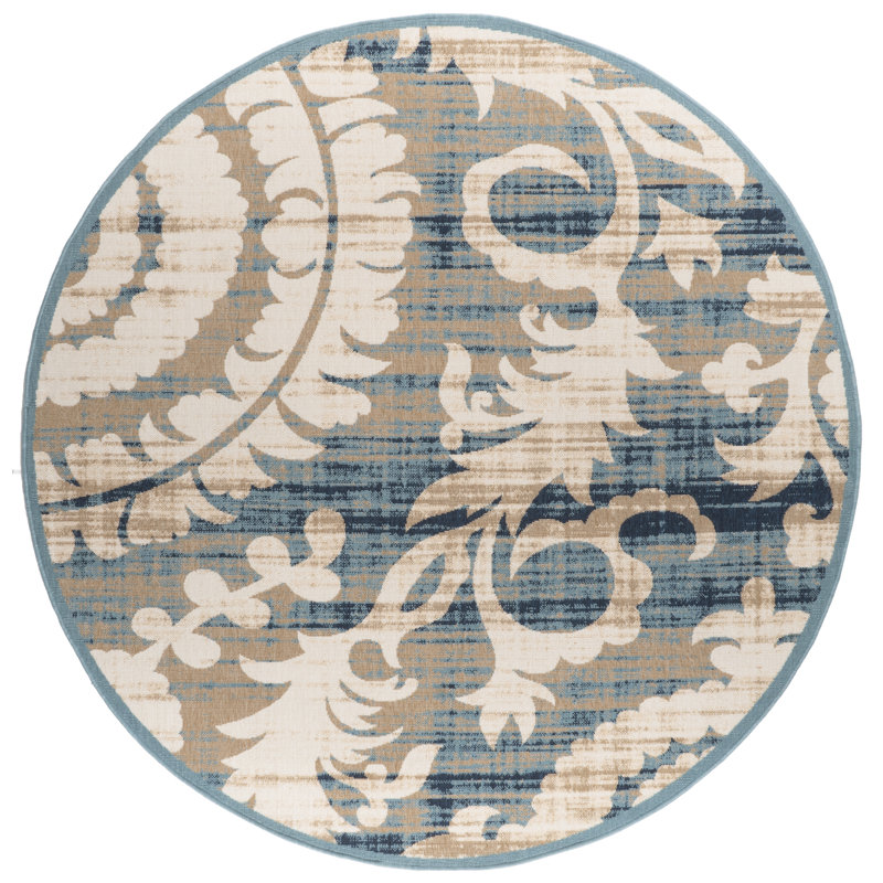 Tapis d'intérieur / extérieur à motif floral beige / bleu / brun clair Amont, Rond 6 pi 7 po