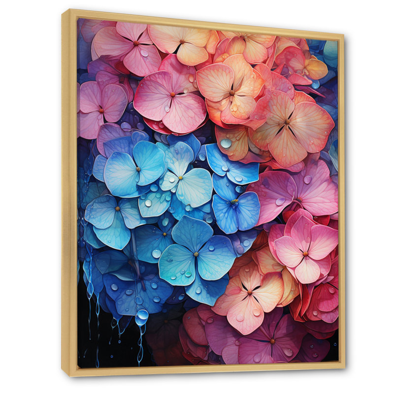 Hydrangées bleues et roses - Pétales surréels, H 44 po x l 34 po x P 1,5 po, Cadre naturel flottant