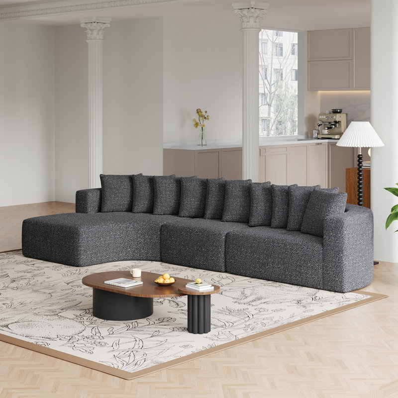 Ensemble de canapé modulaire en chenille de 131,1 pouces en forme de nuage avec 10 coussins, méridienne gauche, Gris chenille