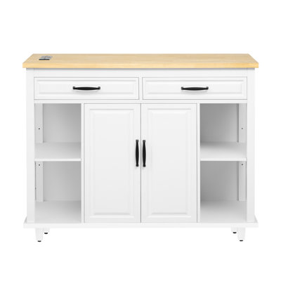 Extendable Kitchen Island With 47.2 X 19.7 Counter, Rubber Wood Table, Storage Cabinets, 2 Ac And 1 Type - C Outlet Outlets