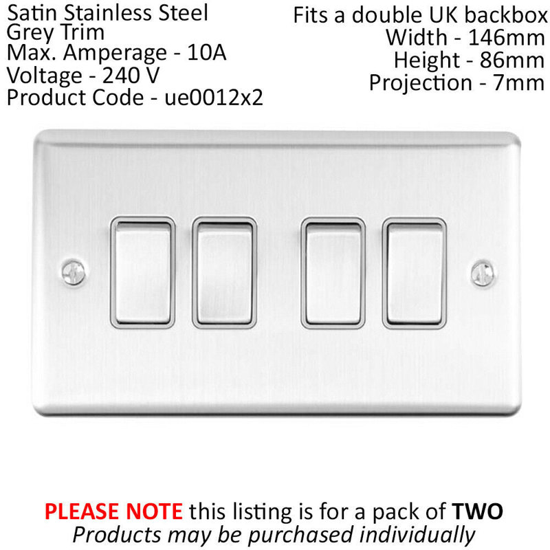 2 PACK 4 Gang Metal Quad Light Switch POLISHED CHROME 2 Way 10A White Trim, Silver/Grey, Satin