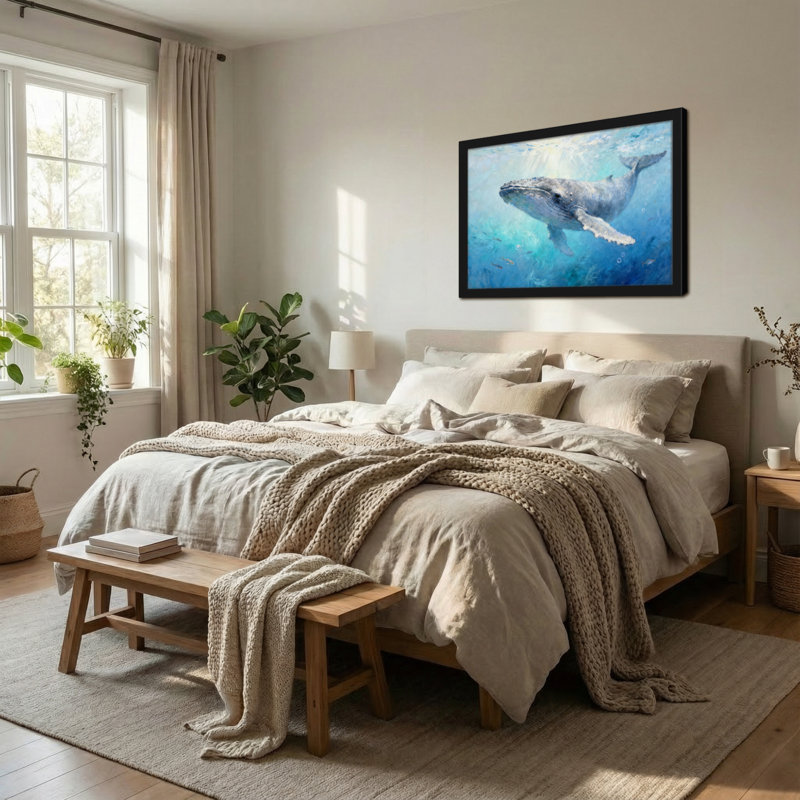Animaux baleine nageant sous l'eau avec des rayons de soleil, H 20 po x l 30 po