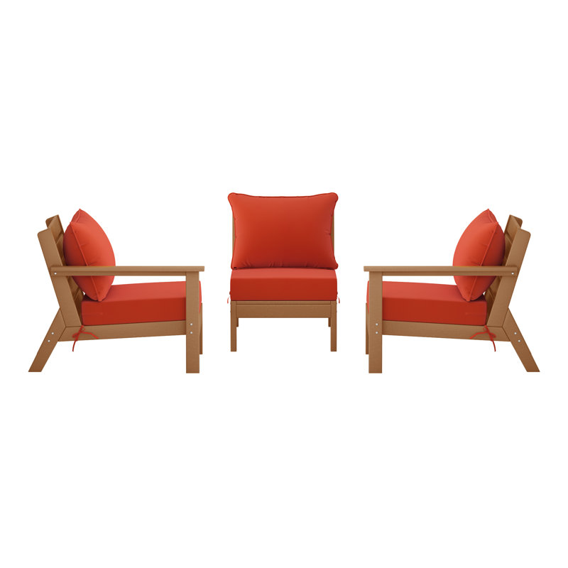 Ensemble de conversation à assise profonde 3 pièces avec coussins, Teck, Orange