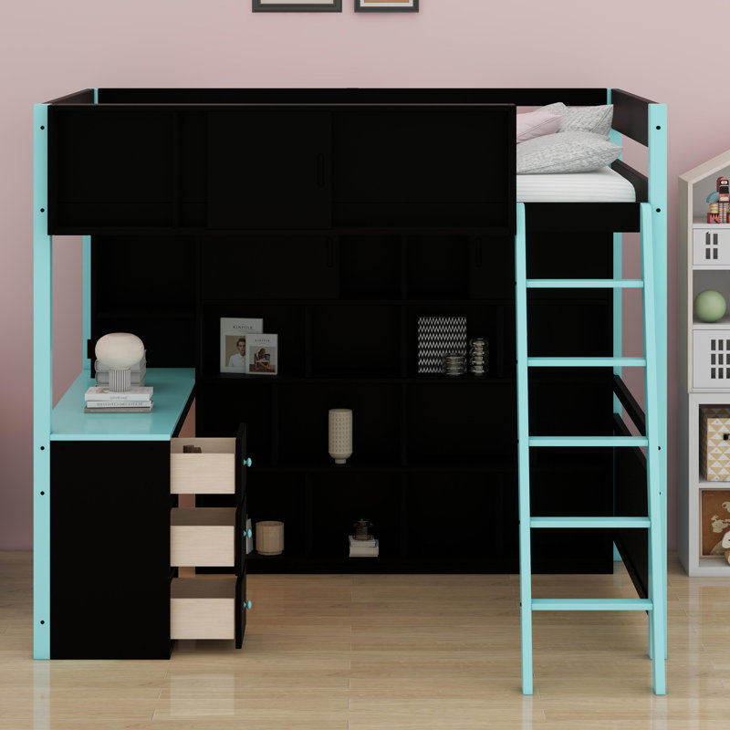 Lit mezzanine en bois avec bureau, Bleu
