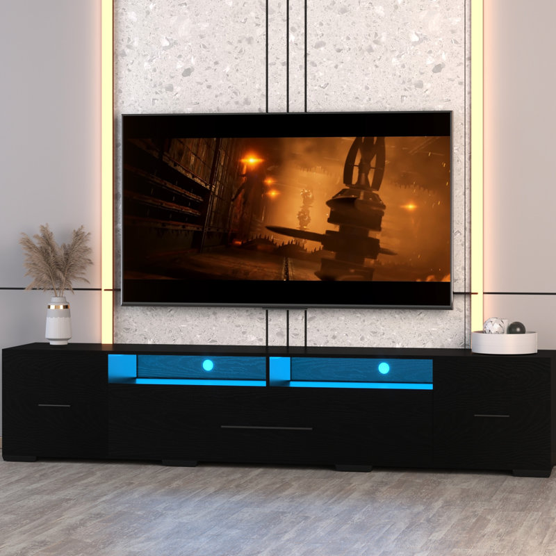 Console de télévision noire avec rangement, meuble de divertissement de 80 pouces, lumières contrôlées par télécommande, 31 options de modification, console au look moderne, centre de rangement, lumières télécommandées, modes changeants, couleur