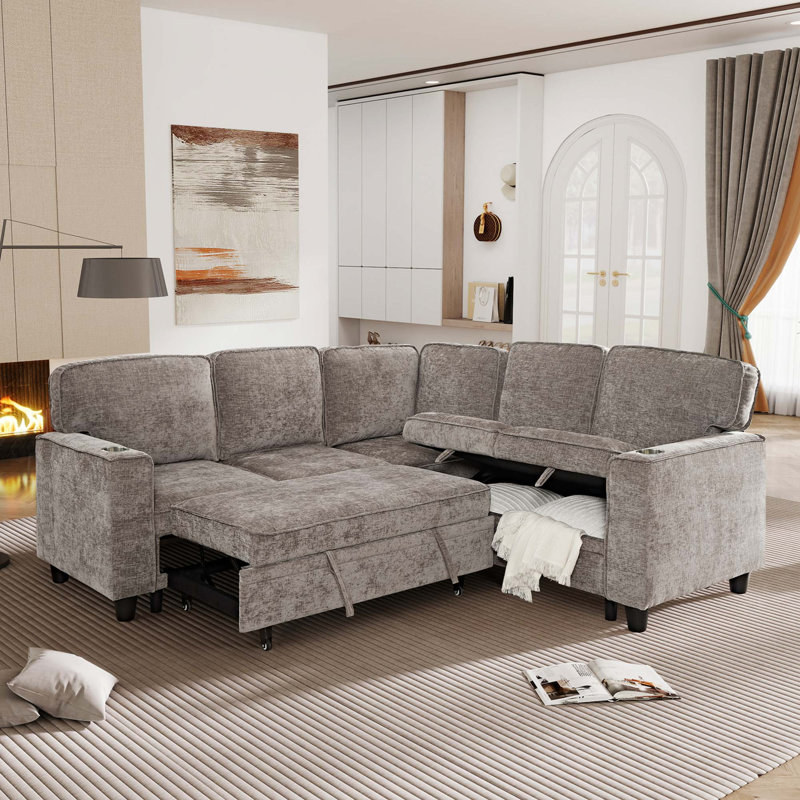 Canapé-lit en L avec lit escamotable et chargement USB, Tissu - brun clair