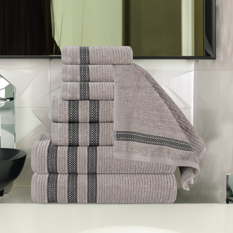 Orley Zero Twist Cotton Ribbed Geometric Border Soft Highly Absorbent 8 Piece Bathroom Towels Set, Gray, 8 Piece Towel Set