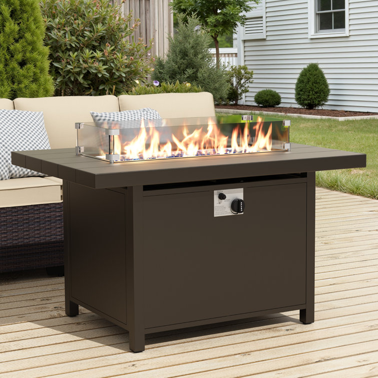 Aluminum & Iron Rectangular Propane Fire Pit Table With 55,000 Btu Output And Glass Guard