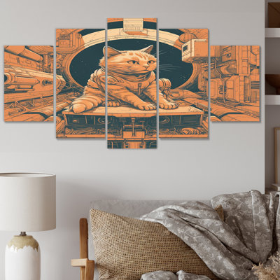 Illustration rétro de l'espace astronout sur toile - Chat animal sur toile - 5 panneaux