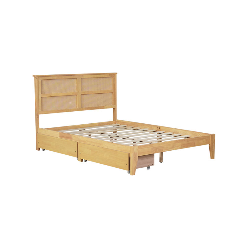 Lit double avec tête de lit en rotin, deux tiroirs de rangement, lit en bois d'hévéa avec sel et pieds de soutien améliorés