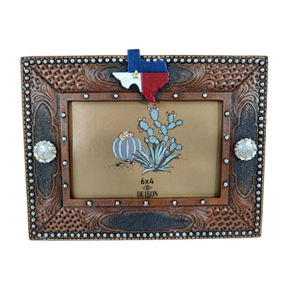 Minas Faux Tooled Leather Western Concho Texas Map 6” x 4” Standing Landscape Photo Picture Frame
