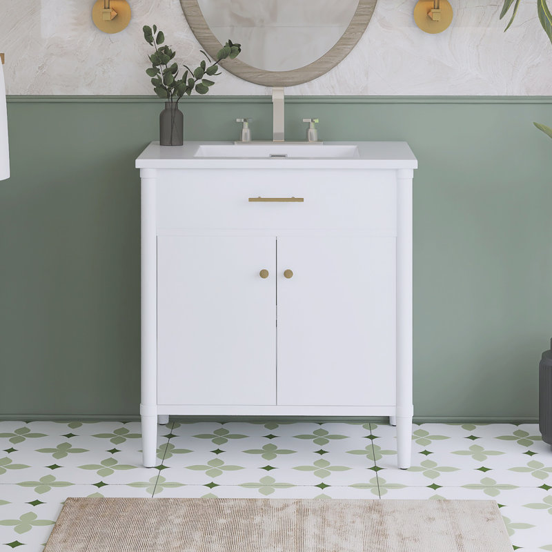 31'' Freestanding Single Sink Bathroom Vanity With Ceramic Top, White / Matte Gold