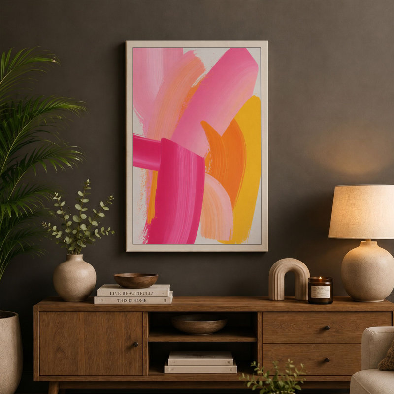 Brushstrokes in Pink Abstract - Wrapped Canvas, 36x24 - 91.4 x 61.0 cm, Ochre Border