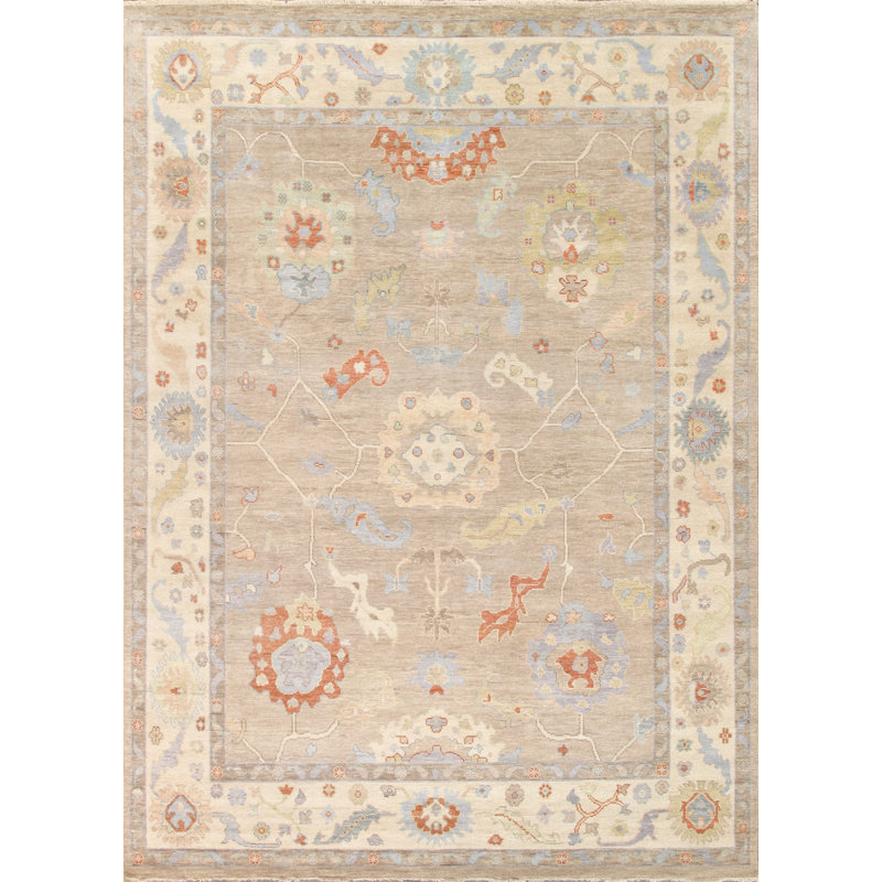Oushak Hand Knotted Wool Floral Area Rug in Beige/Ivory, Rectangle 6' x 8'11"