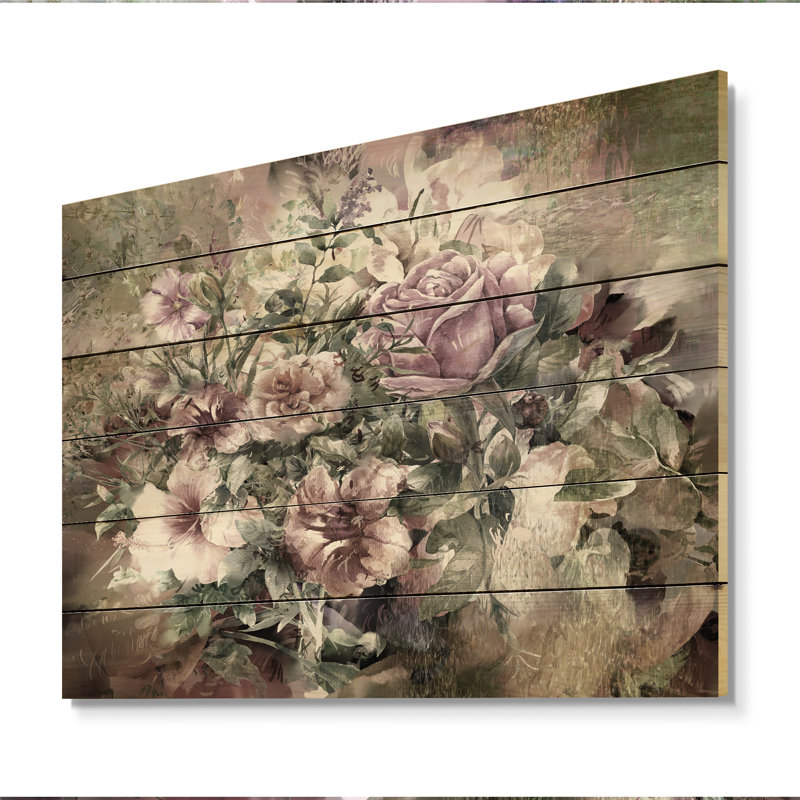 Grunge rose gris fleurs d'été III - peinture sur bois sans cadre, H 24 po x l 36 po x P 1 po