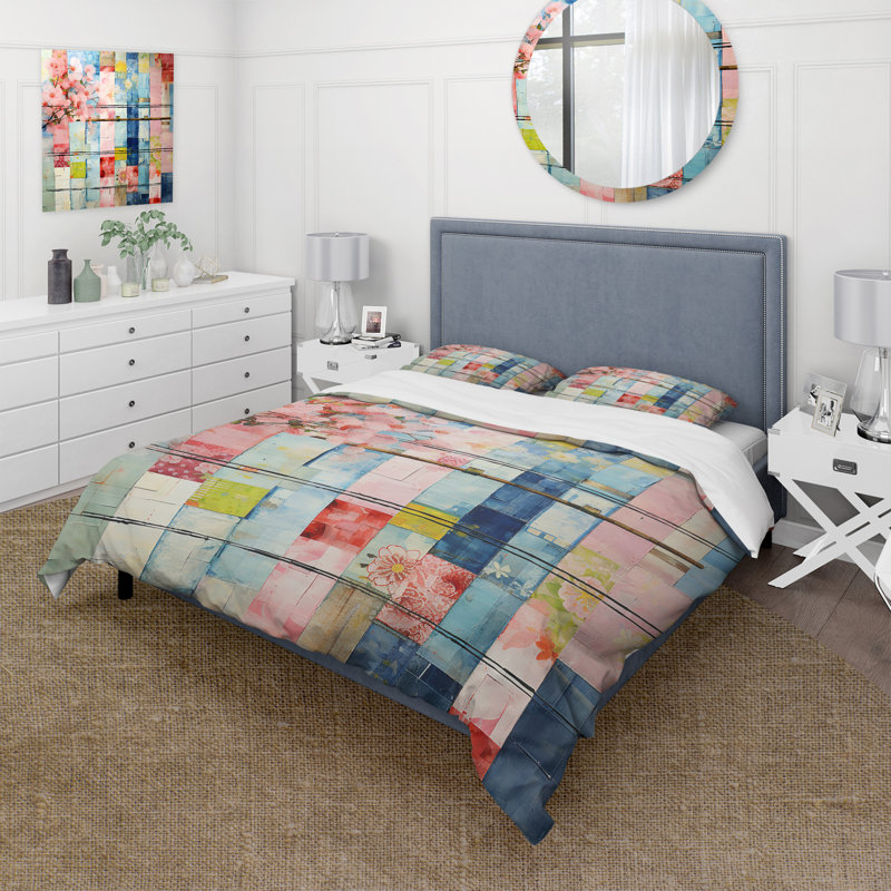 Art floral cubique abstrait bleu et rose - Ensemble de housse de couette floral abstrait