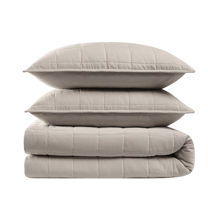 Brooklyn Loom Matte Cotton Velvet Channel Stitch Quilt Set, King Quilt + 2 King Shams, Gray