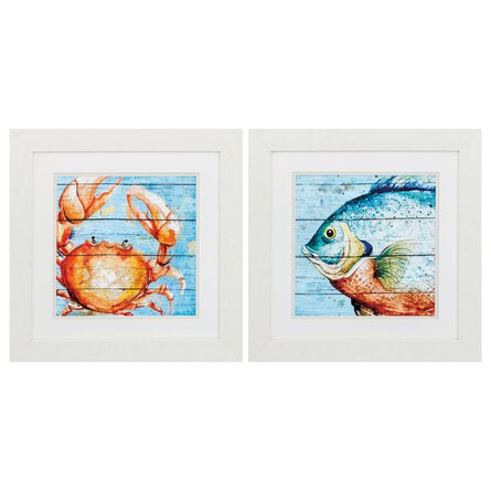 19" X 19" White Frame Crab Fish (Set Of 2) Framed 2 Pieces Painting