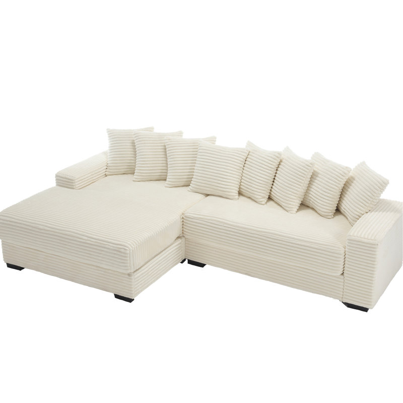 Lit de jour en L en velours côtelé, très grand lit deux places, méridienne gauche, 8 coussins décoratifs beige, Beige