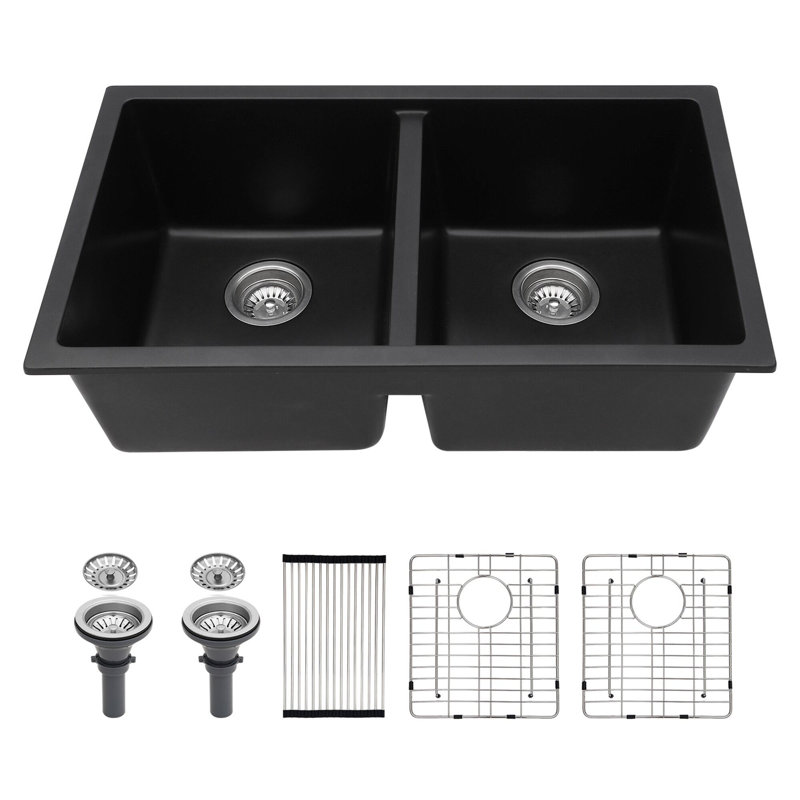 Évier de cuisine encastré en quartz / granite à double cuves 33 "x 19", Blanc mat