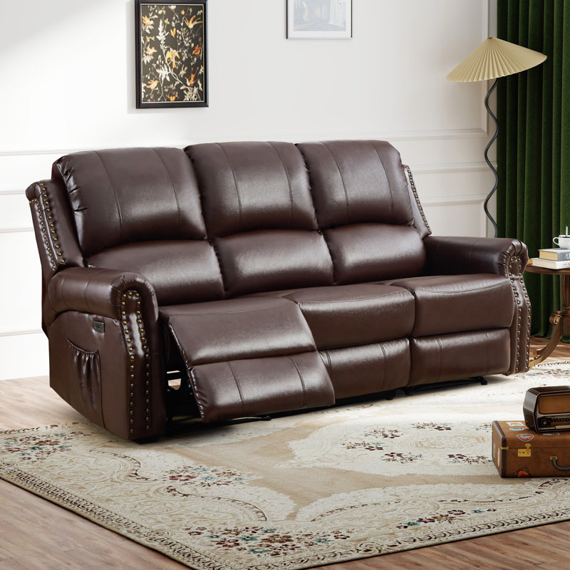 Brost Boneless 84.65'' Wide Faux Leather Nailhead Electric Reclining Sofa With USB & Type-C Ports, Vintage Style