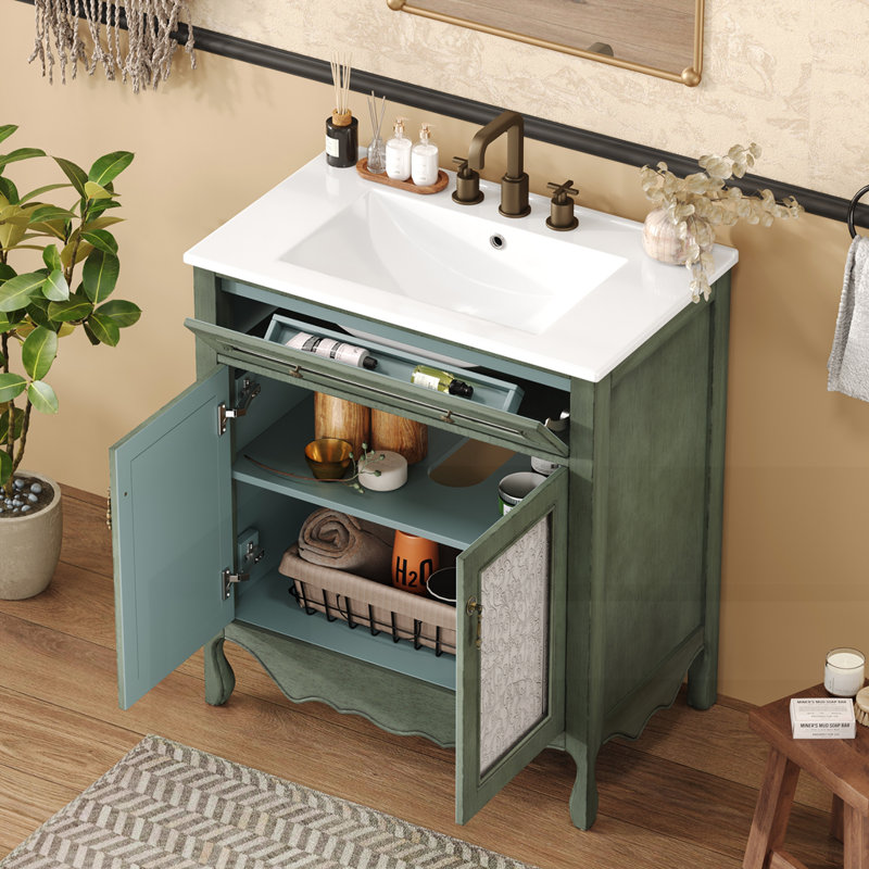 30" Antique Pattern Bathroom Vanity with Rectangle Ceramic Sink