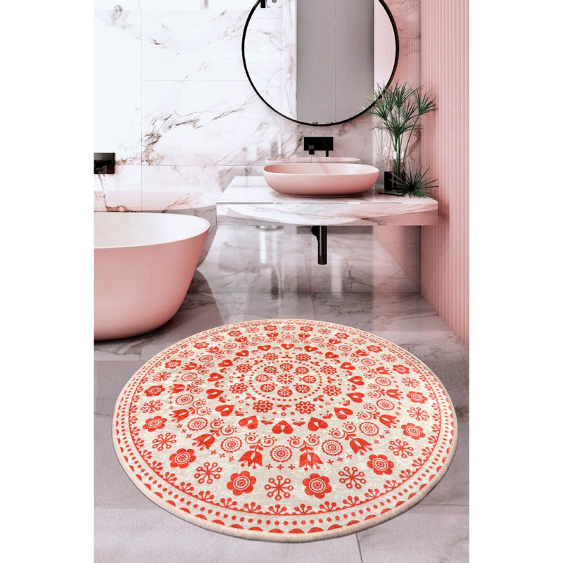 Tapis pour salle de bain Aadhya, Rouge / blanc, H 0,39 po x l 55,12 po x L 55,12 po